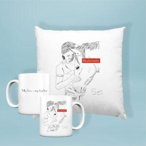Tasse weiß matt und Kissen bedruckt mit individuellem Tierportrait