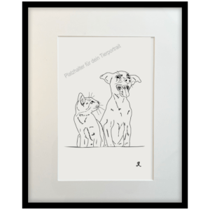 Lineart Tierportrait nach Fotovorlage gezeichnet im Bilderrahmen mit einem Hund und Katze Motiv