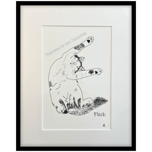 Lineart Tierportrait nach Fotovorlage gezeichnet im Bilderrahmen mit einem Katzenmotiv