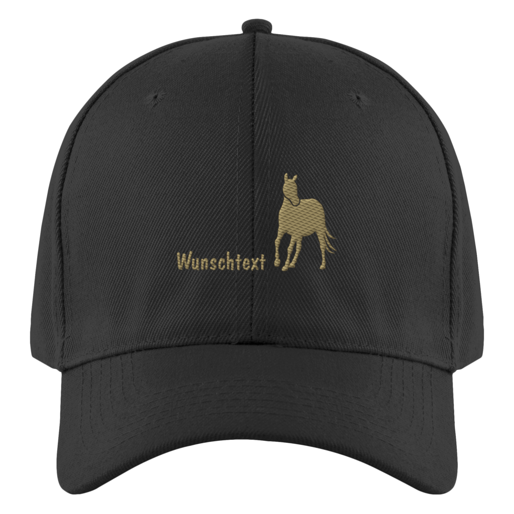 front-authentic-baseball-cap-black-293-2000x.png Your Horse Authentic Baseball Cap schwarz mit Stickmotiv Pferd und personalisierbarem Pferdenamen.