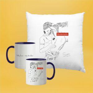 Zweifarbige Tasse und Kissen bedruckt mit individuellem Tierportrait