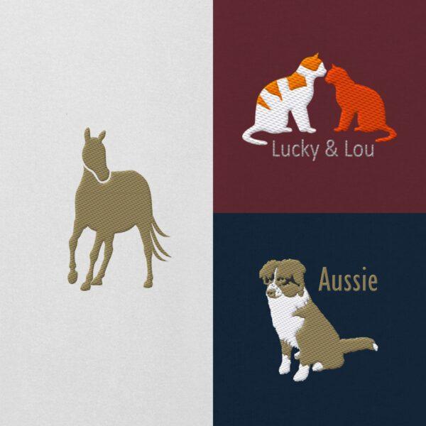 Dein Modelabel als Stickmotiv von Pferd, Hund und zwei Katzen