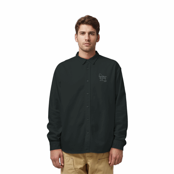 Organic Relaxed Button-Up Shirt bestickt mit individuellem Tierportrait in G. Dyed Black Rock Design